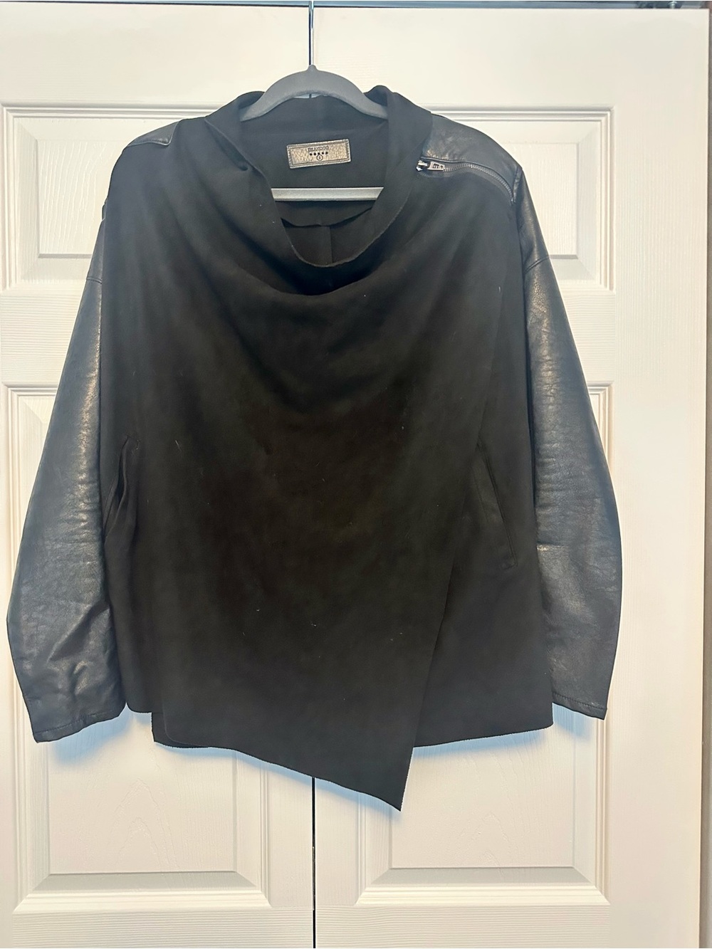 Blank NYC Black Leather-Sleeve Pullover Jacket
